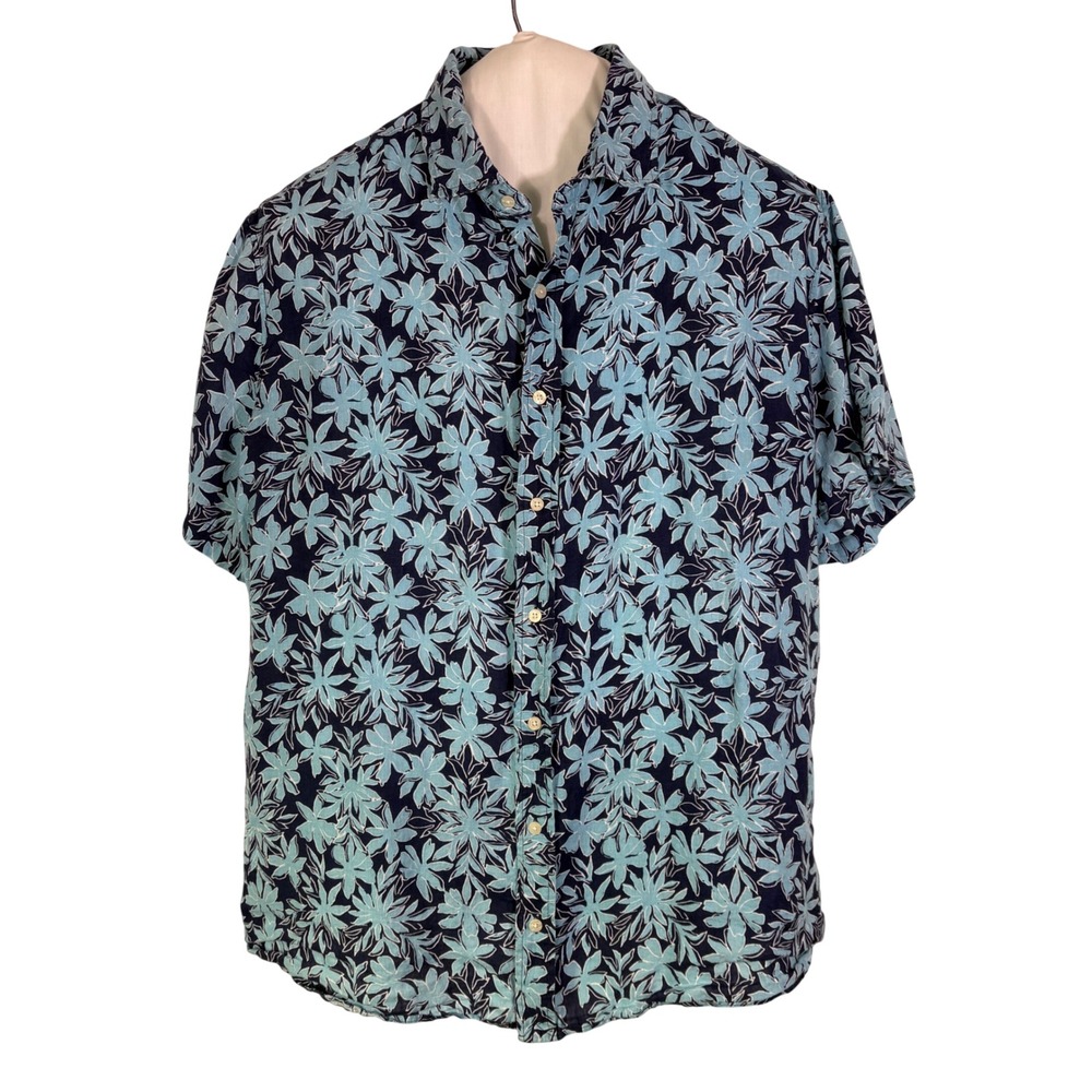Vineyard Vines Linen Button Down Shirt Mens XB 1X Blue Floral Linen Short Sleeve